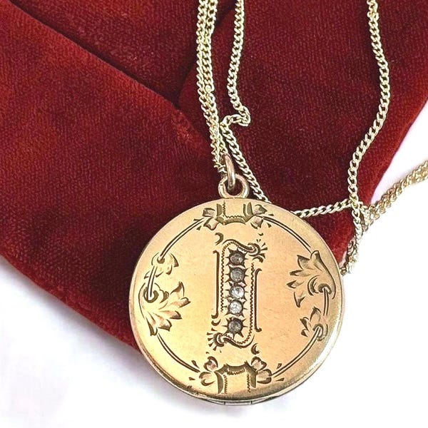 Antique Gold Filled Locket Necklace: Etched Floral Paste Stones, 1900s RBM