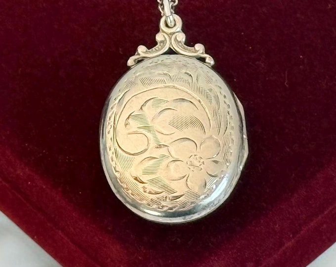 Vintage Burkhardt Sterling Silver Locket Necklace: Etched Floral Oval Pendant