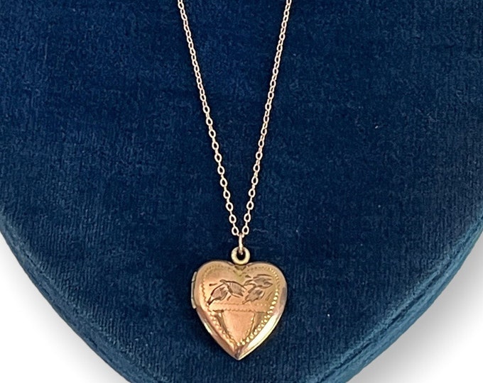 Vintage Rose Gold Filled Etched Heart Locket on 14K Rose GF Chain CT Hallmark - Retro Era Pendant Necklace w/ Old Photo - Estate Jewelry