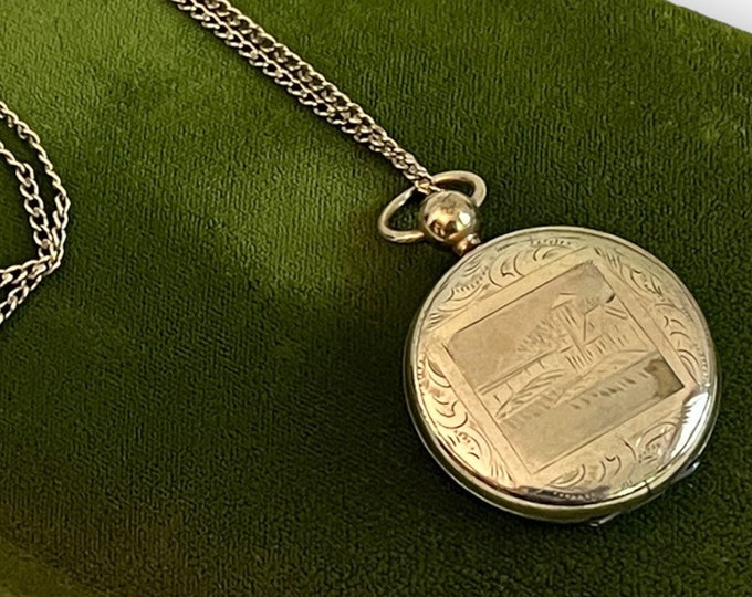 Antique Gold Filled Etched 2 Photo Locket Necklace - Victorian Round Floral & Landscape Scene Necklace - Large Pendant on 22" Long Chain