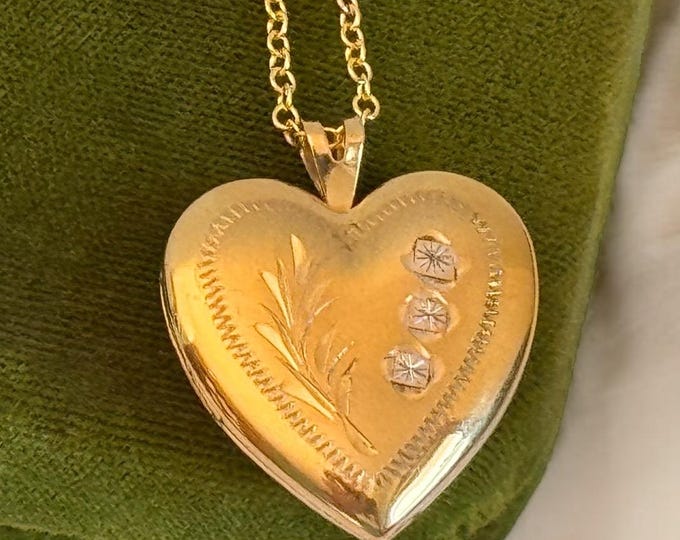 Vintage 14K Gold Filled Etched Flower Heart Locket Necklace - 2 Photo Wells - Large 2 Tone PPC Hallmark 14K GF Chain - Retro Estate Jewelry