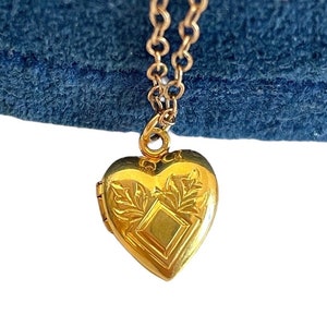 Vintage Girls 12K Gold Filled Etched Heart Locket on 14K GF Chain w/ LSPC Hallmark - Small Tiny / Petite Pendant Retro Era Child's Pendant