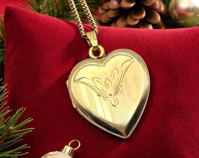 Vintage 12K Gold Filled Heart Locket Necklace: Etched Pinstripe Pendant HFB Barrows