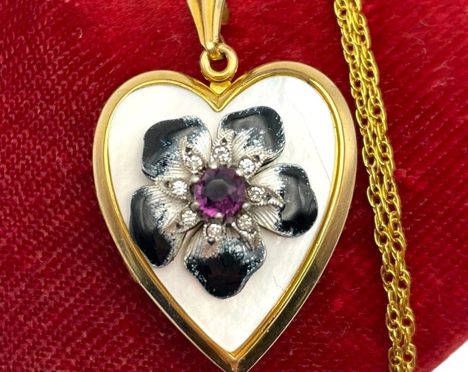 LARGE Vintage Faux Mother of Pearl Enamel Flower Locket - Speidel Heart Floral 12K Gold Filled Necklace Purple Paste Heart Keepsake Pendant
