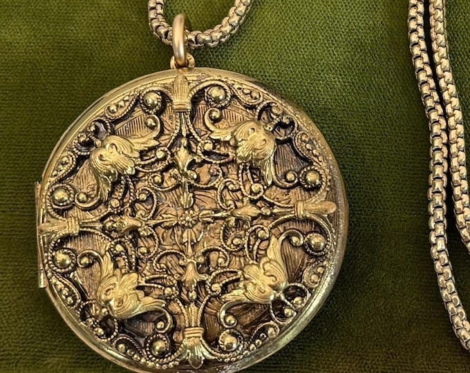 Vintage Round Large Brass Locket W/ Raised Flowers on Front - Pendant w/ 2 Photo Wells on Heavy Specialty Chain - Unique Retro Necklace