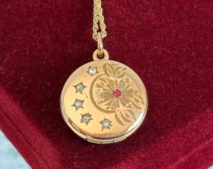 Antique Gold Filled Locket Necklace: Etched Floral W/ Paste Gems “Little Beatrice", Art Nouveau