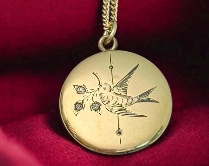 Antique Gold Filled Locket Necklace: Etched Sparrow, Paste Gems, Bliss Bros, Early 1900s