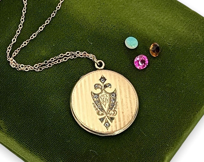 Antique Art Deco Rose Gold Filled Round Photo Locket 14K Rose GF Chain - Pendant Necklace 13 Paste Stones - Etched Monogram GMB Ca 1900s