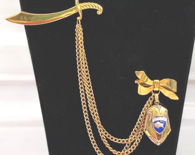 Vintage Gold Tone Metal Shield Locket Buffalo NY w/ Scimitar Sword - 2 Photo Pin Brooch Pendant - Retro Kitsch - Masonic Jewelry Photography