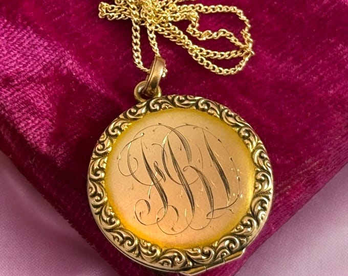 Antique Round Gold Plated Locket Necklace w/ 2 Monograms FBD & GEM - 2 Photo Pendant 14K GF Chain - Early 1900 Edwardian Initialed Jewelry