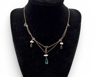 Vintage Gold Filled Necklace: Baroque Pearls, Blue Rhinestones, Wedding Jewelry