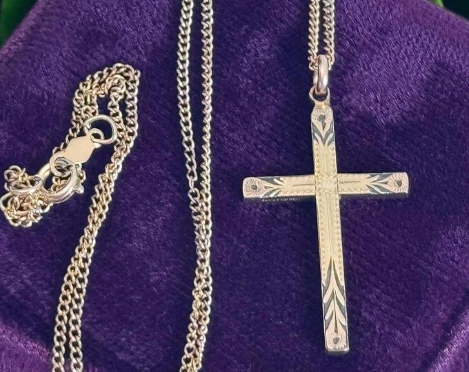 Vintage 12K Gold Filled Cross - Etched on GF Chain  GF Retro Religious Christian HFB Mark Pendant Necklace Jewelry Communion / Confirmation