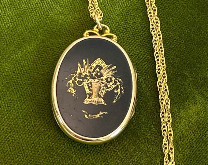 Vintage Gold Filled Floral Basket Locket Black Enameled Oval Memory Locket - Photography Jewelry - Gift for Her