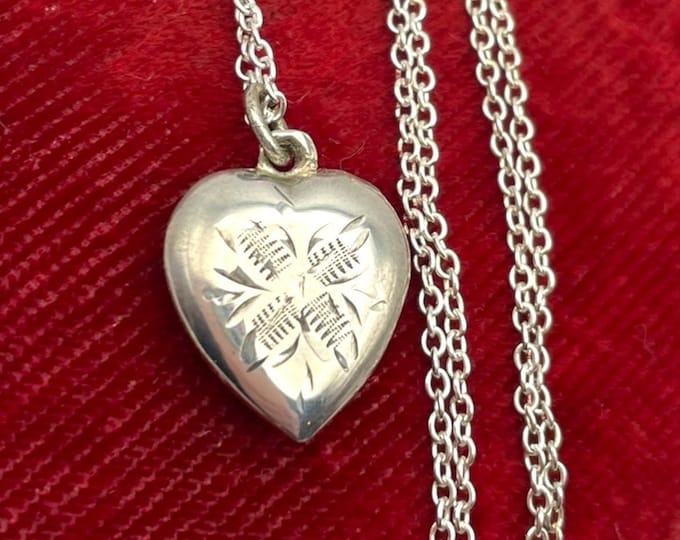 Vintage Etched Small Heart Pendant - Petite Silver Heart Necklace with Sterling Chain - 925 SS Retro Era Gift for Girl Woman Love Valentine