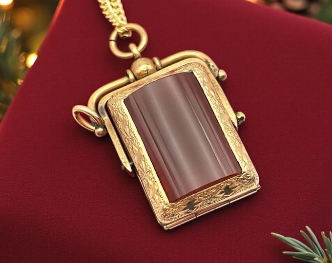 Victorian Fob Locket – 10K Gold Filled Carnelian & Black Stone Pendant