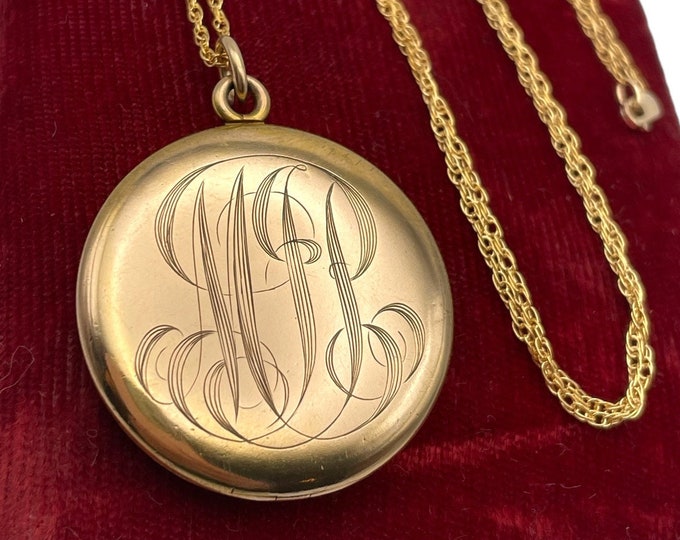 Antique Large Round 1/4 Gold Shell Locket with “MJP” Monogram -  W&H CO Hallmark - Pendant Necklace 14K GF Chain ca 1900 Estate Jewelry