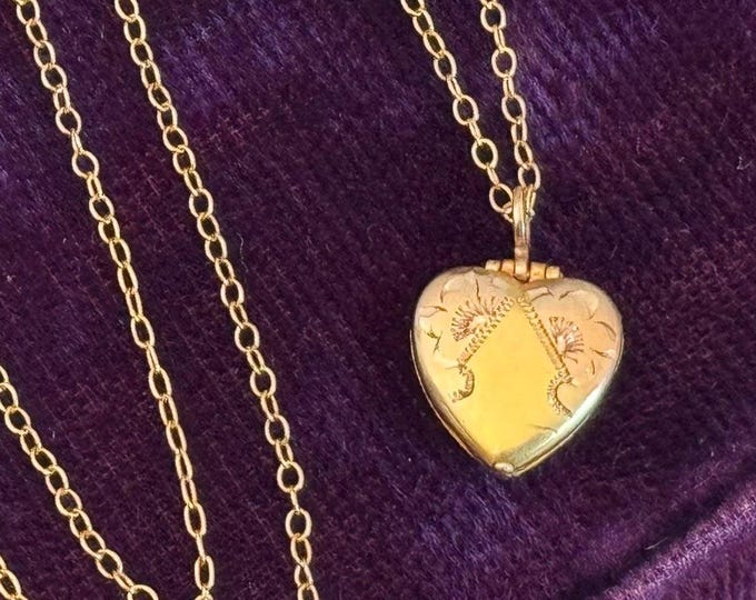 Vintage Small 10K Gold Etched Heart Locket Necklace for Child w/ 10K Chain & LS Hallmark - Tiny / Petite Pendant - Retro Era Gift for Girl