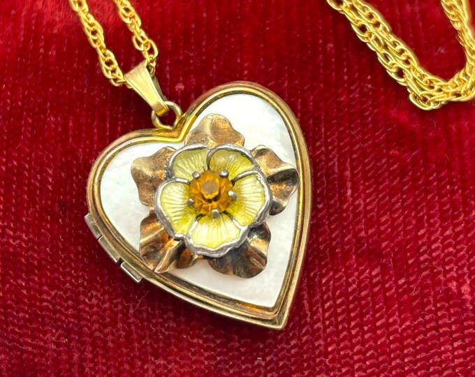 Vintage Faux Mother of Pearl Enamel Flower Locket - Heart Floral Gold Filled Necklace Orange Paste Stone - Gift Love Heart Keepsake Pendant