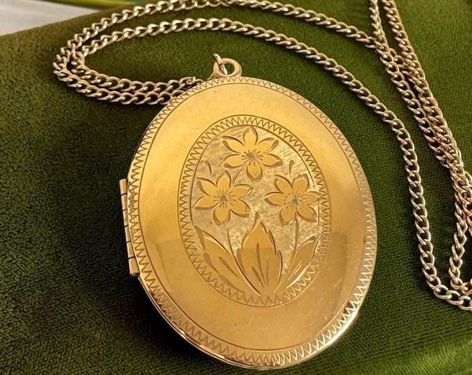 Vintage Very LARGE Oval 12K Gold Filled Locket Necklace - Etched Flowers & Alice Caviness Hallmark - 2 Photo Pendant - Retro Estate Jewelry