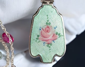 Art Deco Turquoise Guilloche Enamel Locket: Sterling Silver Floral Pendant Necklace
