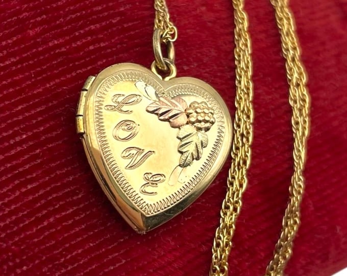 Vintage 14K GF Heart Locket Necklace - LOVE - CCO Coleman Company Black Hills Gold Tricolor Floral Etched Pendant Jewelry Flower Photography