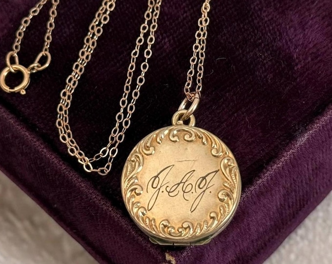 Antique Rose Gold Filled Locket Necklace, JAJ Monogram, 14K Rose GF Chain