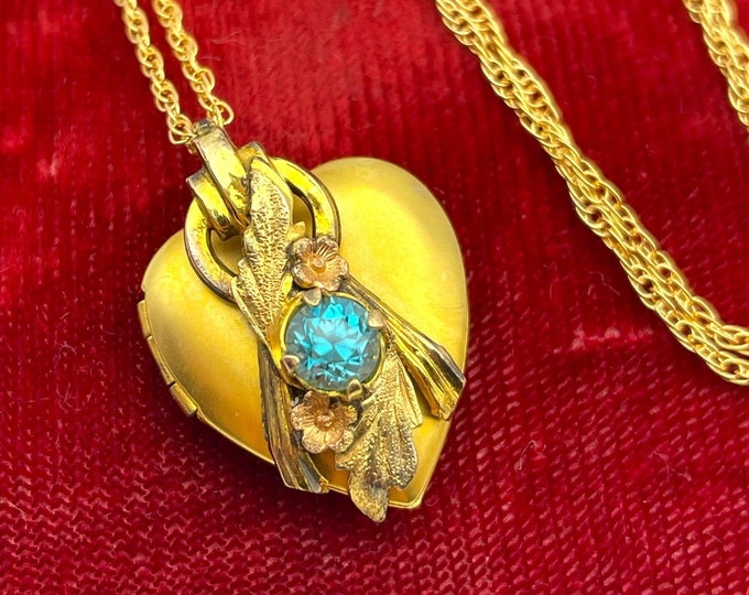 Beautiful 12K Gold Filled Heart Locket - Vintage Necklace Blue Topaz Stone Flowers 14K GF Chain - Photo Jewelry Signed SB Sammartino Bros.
