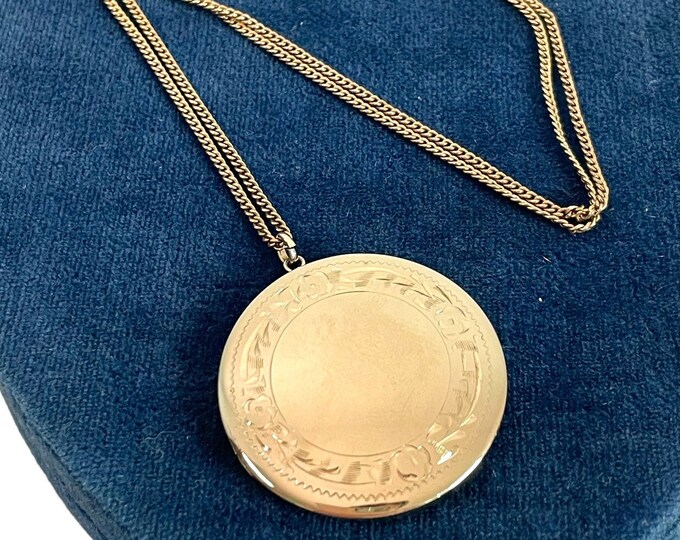 Vintage Round Gold Filled Photo Locket on 12K GF Chain - Large Round Modern Etched Locket - MA CACO Hallmark - Estate Jewelry Gift for Her