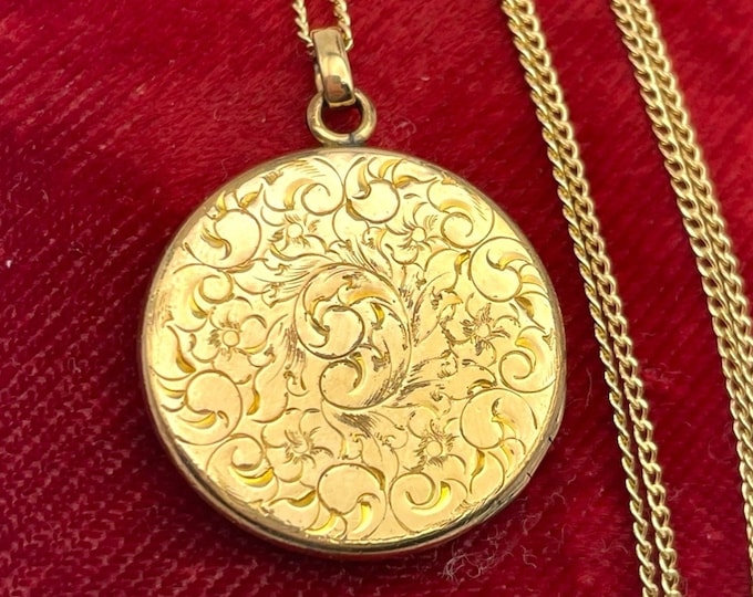 Antique Round Gold Filled Locket Monogrammed LET - JFSS Co Photo Necklace Estate Jewelry Etched Design 1900s - Vintage Pendant Gift for Her