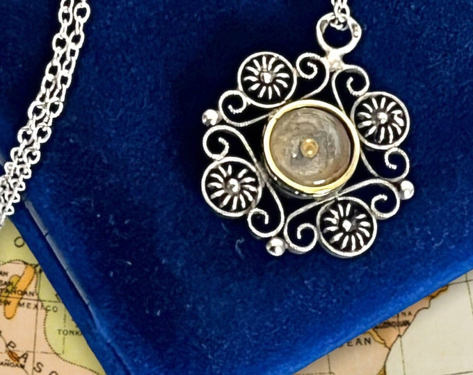 Antique Silver Compass Charm w/ Sterling Silver Chain Necklace - Ornate Filigree Retro 925 Pendant