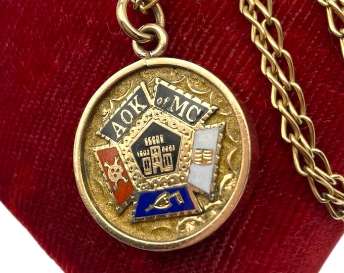 Antique Gold Filled Round Pendant - GF AOK of MC Ancient Order Knights of Mystic Chain Deer Fob Charm Necklace Edwardian Jewelry Unique Gift