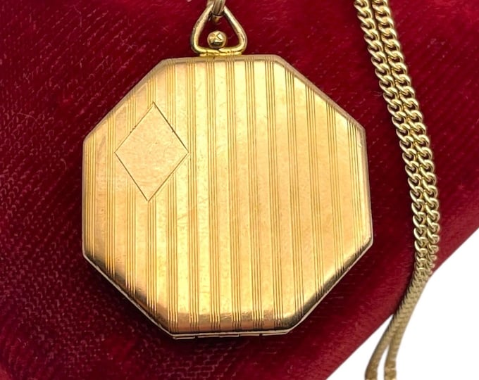 Vintage Gold Filled Etched Octagon Locket Necklace - 4 Photo Pendant by HFB Barrows on 14K GF Chain Photography Art Deco Era Estate Jewelry