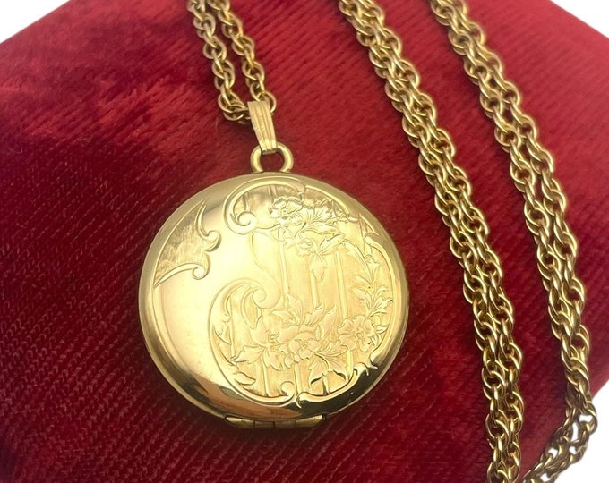 Vintage Round 12K Gold Filled Locket - Floral Flower Pendant Necklace by Danecraft - on GF Chain - 2 Photo Estate Jewelry 1940s Mid Century