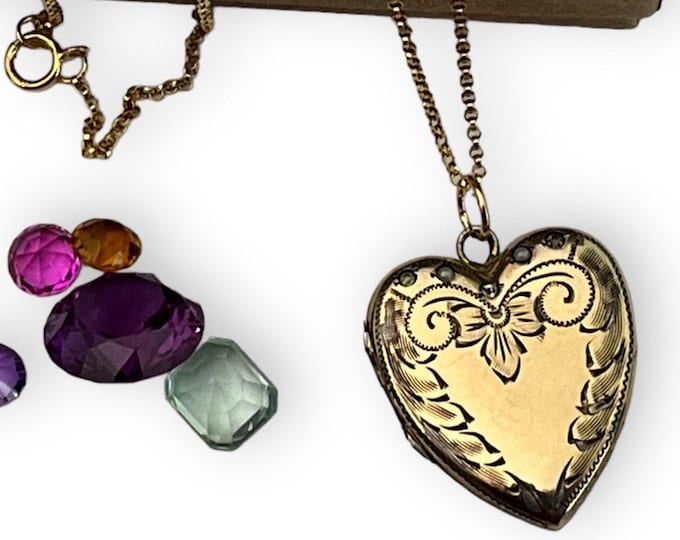 Vintage Gold Filled Locket Heart Etched Flower w/ Seed Pearls & Paste Necklace - 2 Photo Wells on 14K GF Chain - Mid Century Estate Jewelry