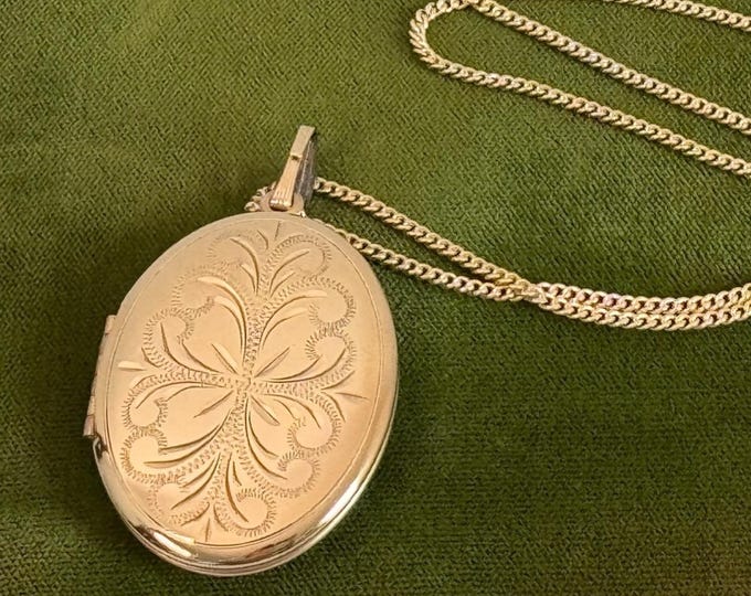 Vintage Large 10K Gold Filled Oval Locket WINARD on 14K GF Chain Necklace - 2 Photo Wells - Engraved Love Message on Back & TCE Initials