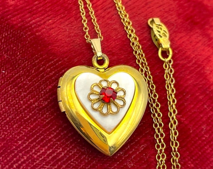 Vintage Gold Filled Heart Locket w/ Floral & Red Paste Stone on MOP Background on GF Chain - Gift for Her - Retro 2 Photo Keepsake Pendant