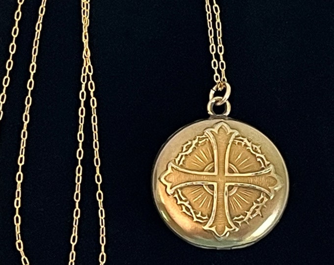 Antique Round Gold Filled Locket w/ Cross & Crown of Thorns - 2 Photo Wells on 14K GF Chain - Vintage Religious Estate Jewelry dated 1912