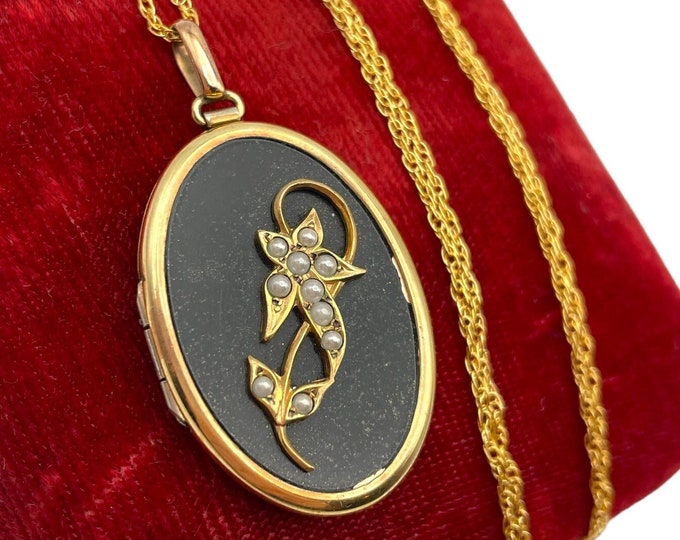 Large Vintage 12K Gold Filled Locket - Binder Brothers Seed Pearl Flower Black Enamel Oval Memory Photography Mourning Necklace 1940s BB
