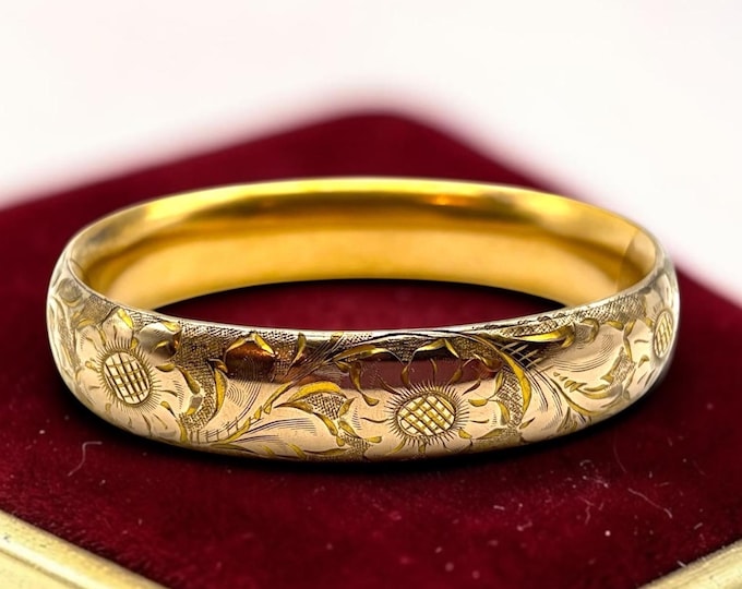 Vintage Gold Filled Bangle: Hinged Etched Floral Bracelet, 1910s, by Wolcott Mfg. Co., Antique Heirloom Jewelry, Heavy Gold Bracelet