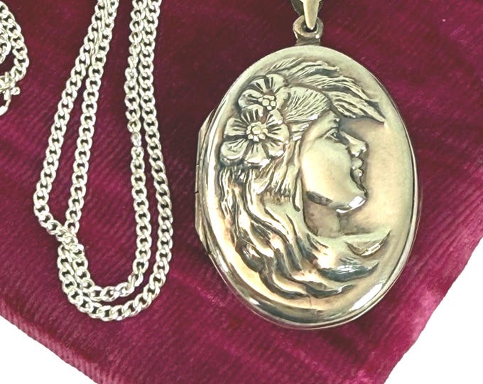 Vintage Art Nouveau Style Locket Sterling Silver Large 2 Oval Photo Locket on 925 Chain - Chased Woman & Flower Design Retro Estate Jewelry