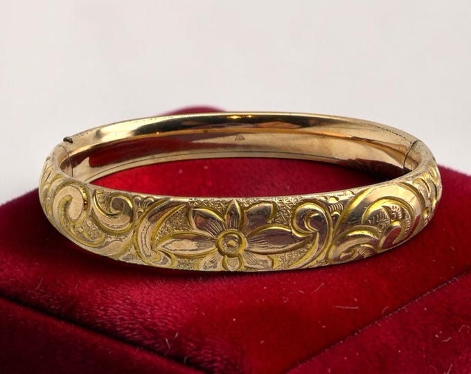Vintage Gold Filled Bangle: Edwardian Antique Hinged Etched Floral Bracelet, 1910s