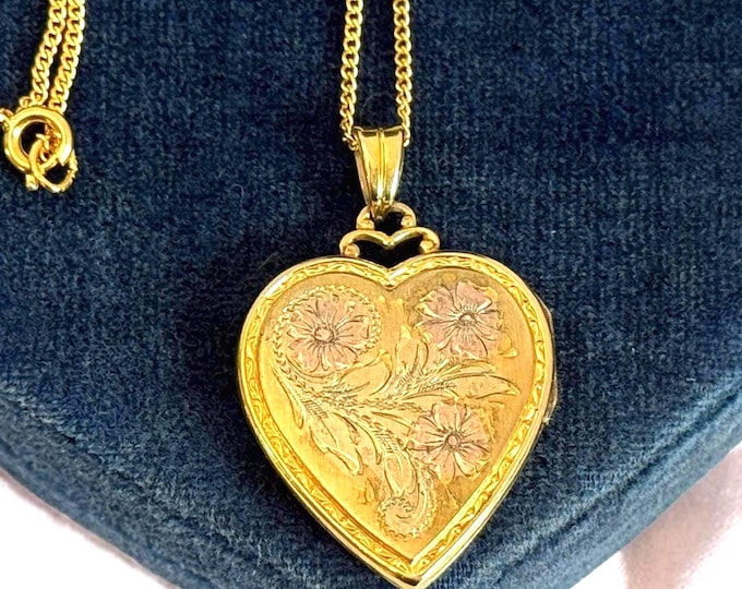Vintage 12K Gold Filled Heart Locket Necklace: Etched Floral Photo Pendant