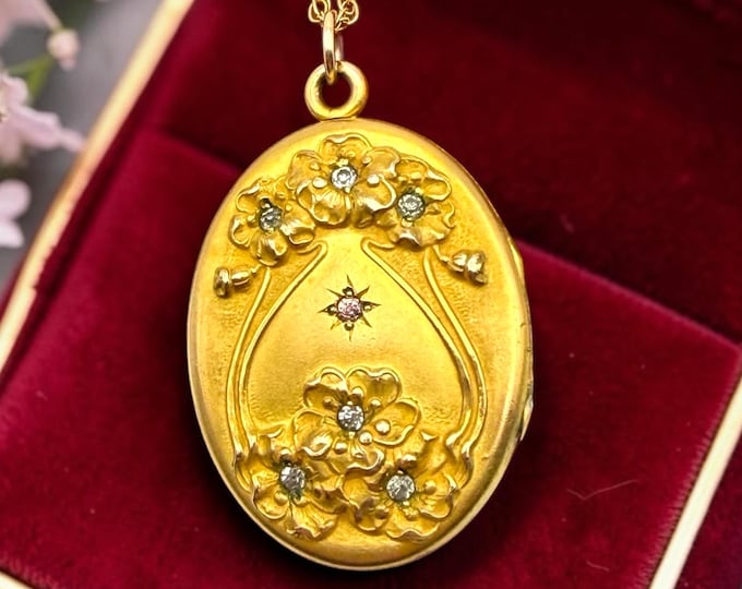 LARGE Antique Gold Filled Locket Necklace: Rhinestone Flowers, Art Nouveau Raised Repousse Front, Heirloom Memorial Jewelry, Gift for Her