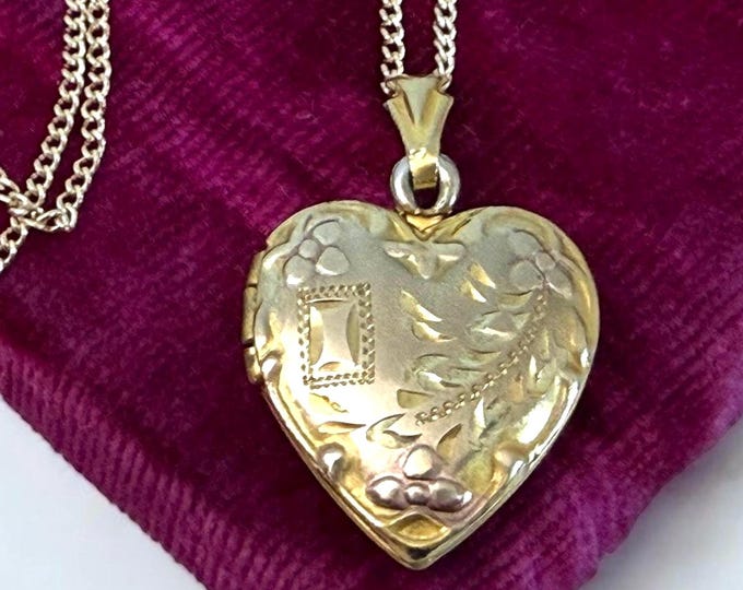Vintage 10K Gold Filled Heart Locket Necklace: Etched Cartouche Pendant, 14K GF Chain