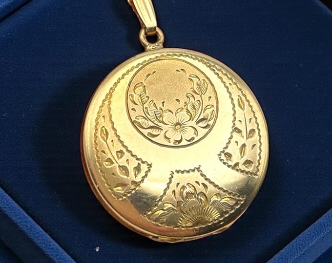 Vintage Etched Gold Filled Locket Necklace: 14K GF Chain, MB Hallmark
