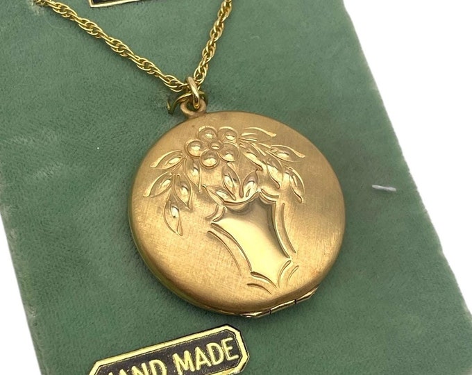 Vintage 12K Gold Filled Round Locket w/ Florals & Shield - New Old Stock - 12K GF Necklace Ca 1940s 2 Photo JMF Fisher Hallmark Matte Finish