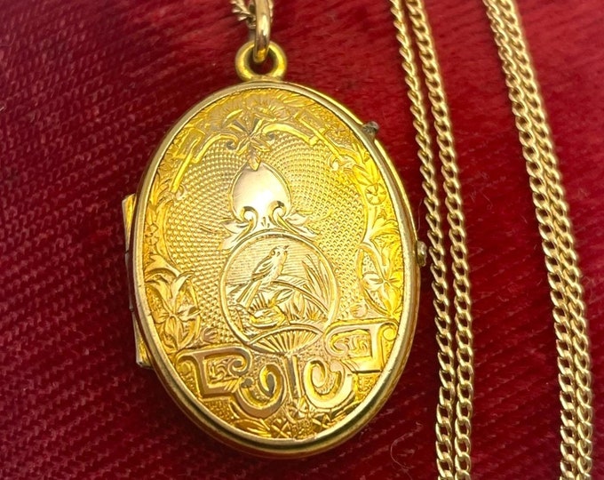 Victorian Oval Mourning Locket Etched Floral Bird Farm Scene Necklace - 14K Gold Filled Chain Antique Estate Jewelry Ca late 1800s Old Photo