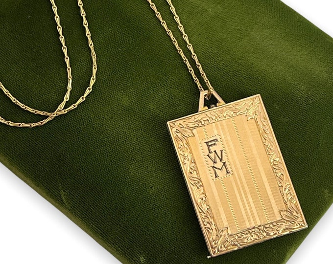 Art Deco Gold Filled B Mfg Co Locket Necklace - LARGE Rectangle Pendant Fancy Link Chain & Monogram FWM - Three Photo Pendant Estate Jewelry