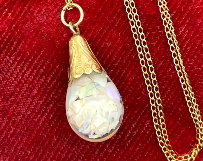Vintage 12K Gold Filled Van Dell Floating Opal Pendant Necklace - Floral Cap Chips in Glass Orb Gemstone Dangle Jewelry Play of Color 1940s