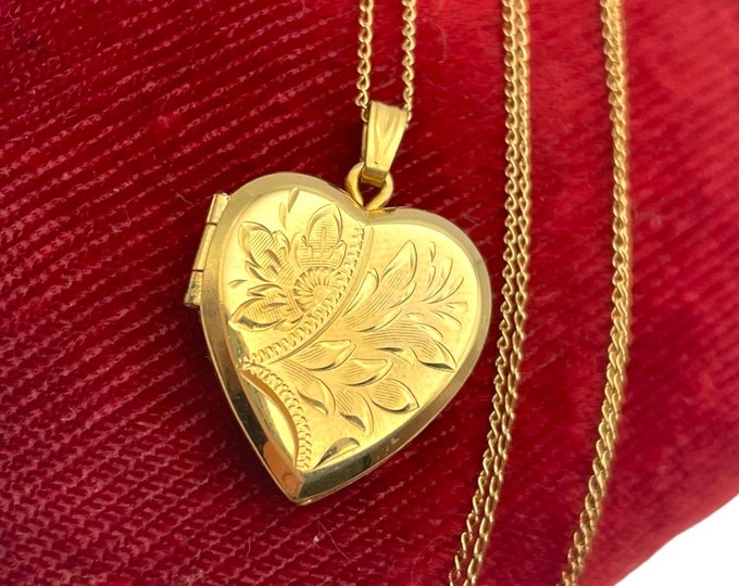 Vintage 12K Gold Filled Etched Heart Locket Necklace on 14K Chain - HFB Barrows Hallmark Pendant Mid Century Estate Jewelry Gift Woman Girl